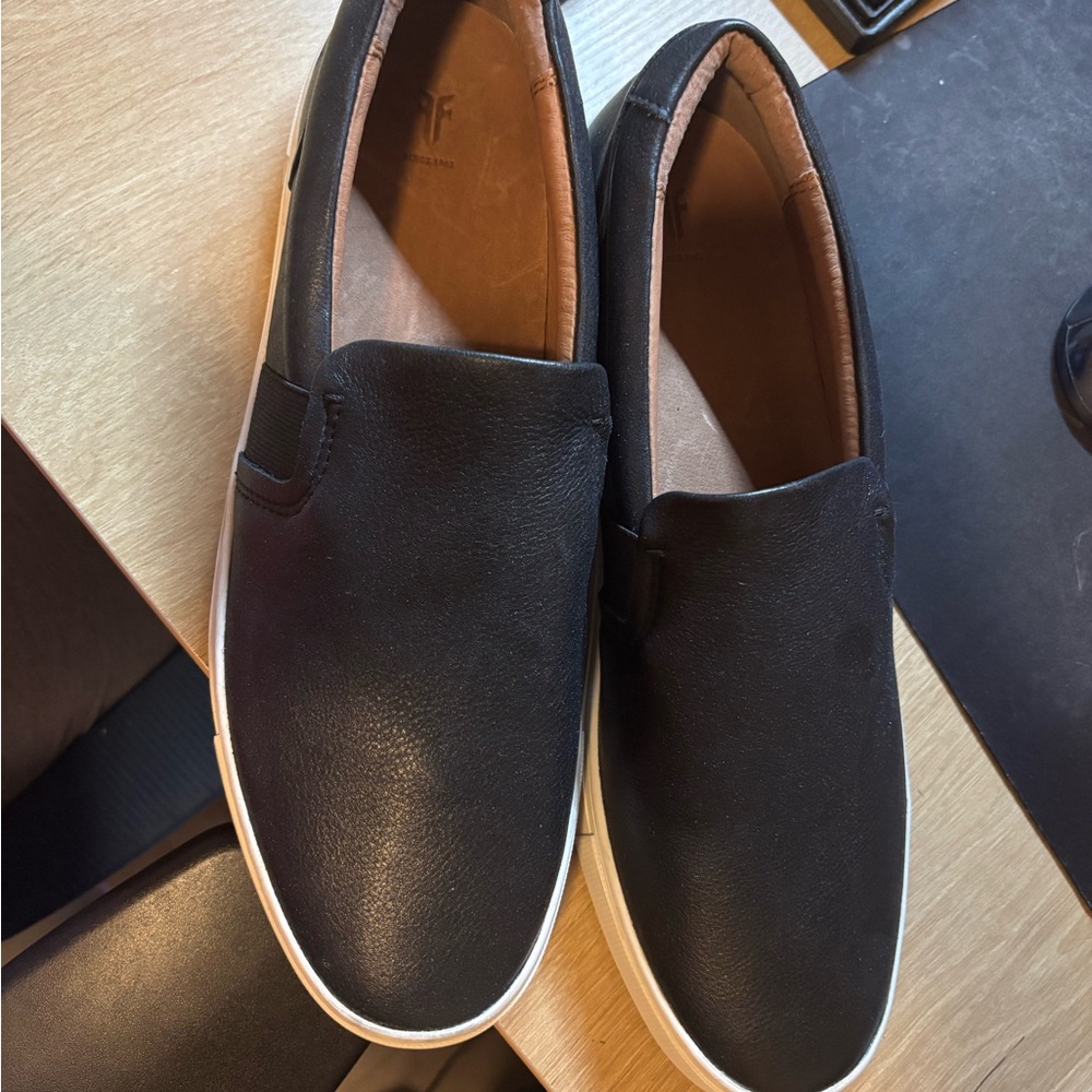 Frye Black Slip-On Loafers with White Soles